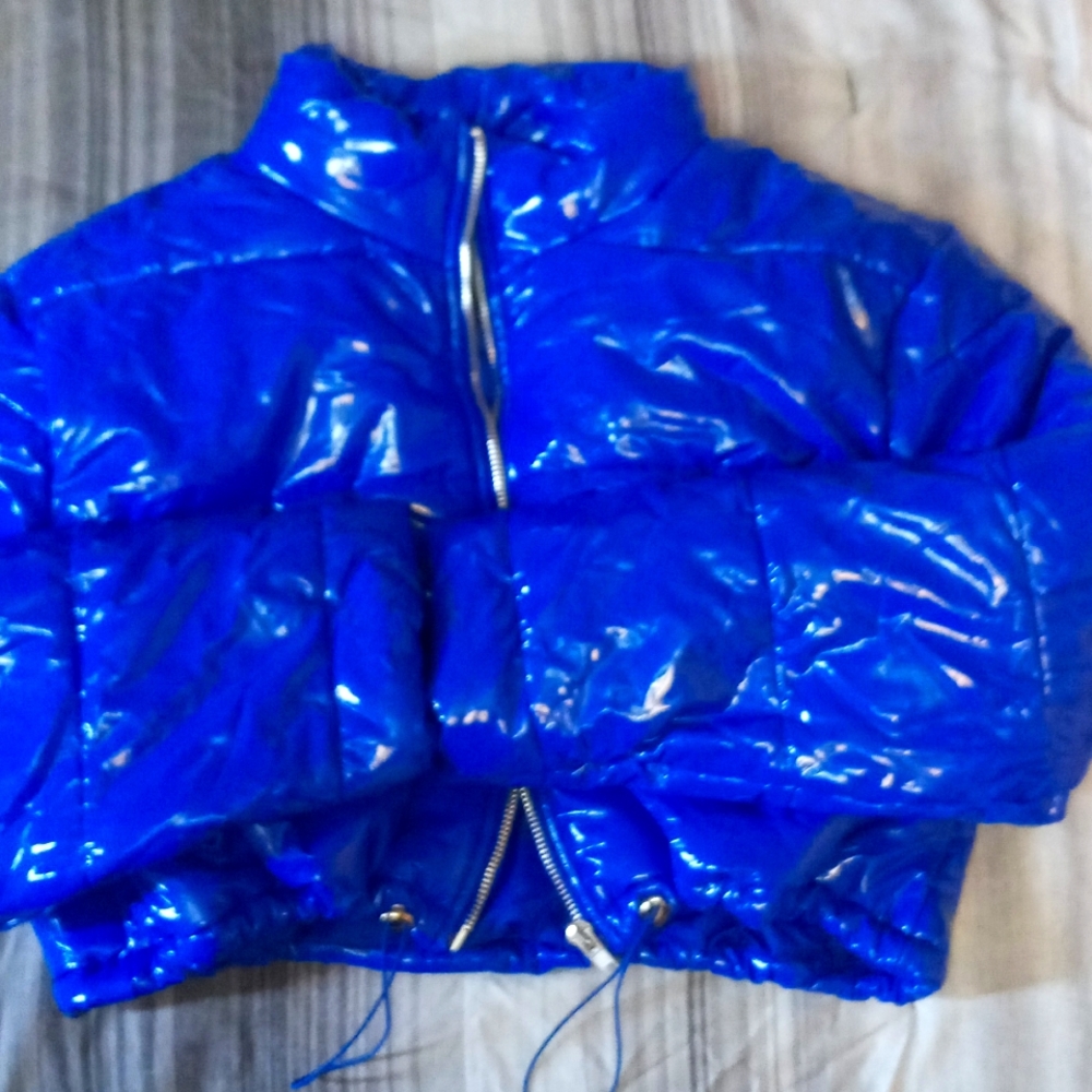 Blue Shiny Puffer Jacket - Women's Cropped Puffa